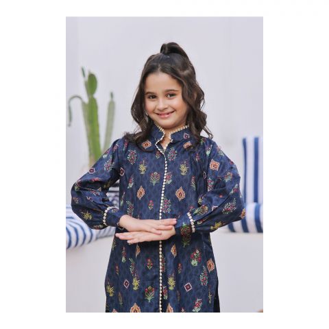 Basix Girls Navy Blue Lace Embellished Cotton Cambric, 2 Piece - Shirt & Trouser, GRL-159