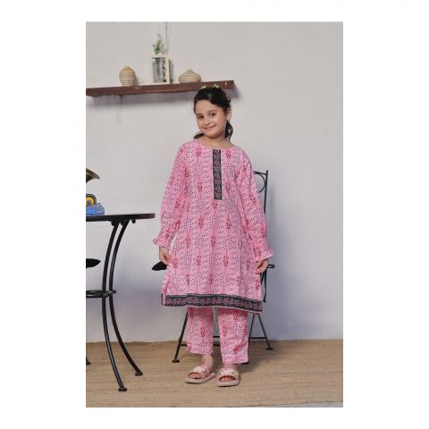 Basix Girls Pink Lace Embellished Lawn, 2 Piece - Shirt & Trouser, GRL-161