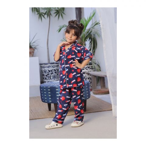 Basix Girls Strawberry Short Sleeves Nightwear, Navy Blue, 2 Piece Set, GRL-170