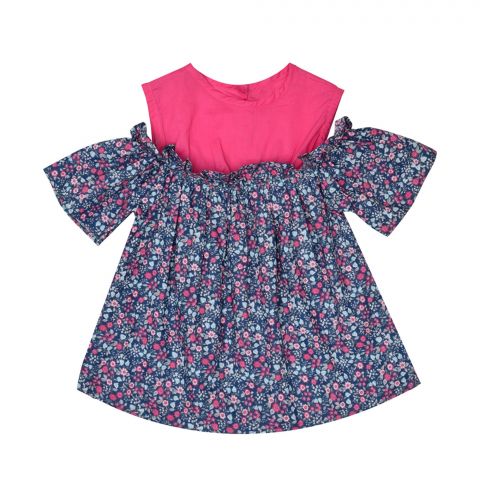IXAMPLE Girls Off Shoulder Printed Dress, Pink, IXGDS 94057