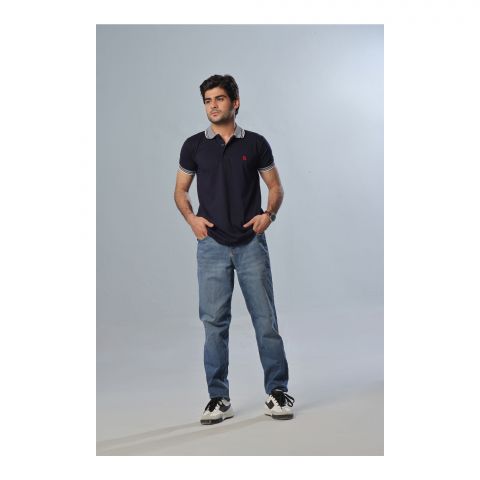 Basix Men's Navy Blue Textured Jacquard Collar Polo With Embroidered Logo, MPS -102