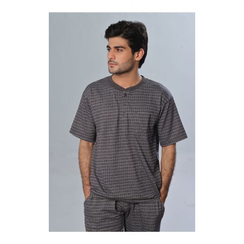 Basix Men's Checkered Power Stretch Henley Knitted Loungewear, 2-Piece Set, Charcoal, LW-822