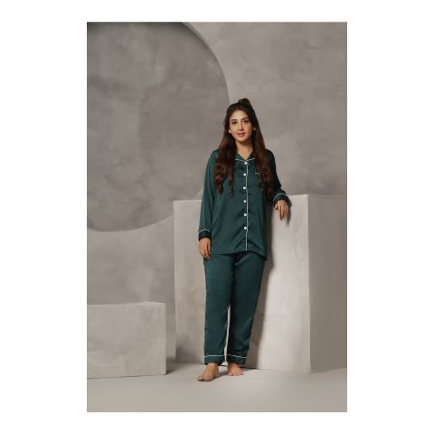 Basix 2-Piece Pajama Set, Silk Shirt and Trouser, Dark Green, SW-106