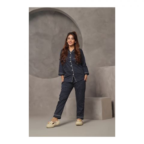 Basix Women's Mini Polka Dots Cotton Loungewear Set, Navy Blue, LW-635