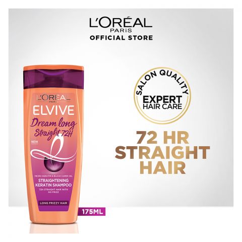 L'Oreal Paris Elvive Dream Long Straight 72Hrs Straightening Keratin Shampoo, Long Frizzy Hair, 175ml