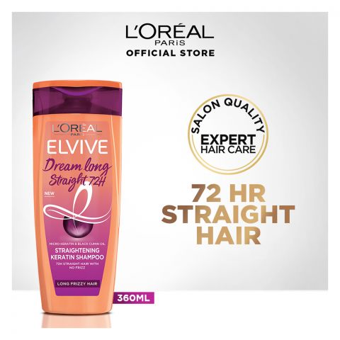 L'Oreal Paris Elvive Dream Long Straight 72Hrs Straightening Keratin Shampoo, Micro Keratin & Black Cumin Oil, For Long Frizzy Hair, 360ml