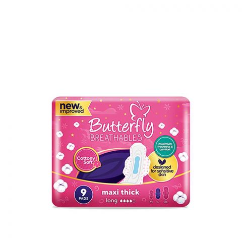 Butterfly Breathables Maxi Thick Pads, Long, 9-Pack