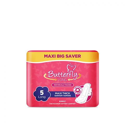 Butterfly Long Maxi Thick Sanitary Napkins, Long, 5-Pads, Maxi Big Saver