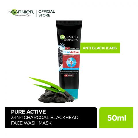 Garnier Skin Active Pure Active Anti-Blackheads 3-in-1 Daily Wash + Scrub + Mask, 50ml