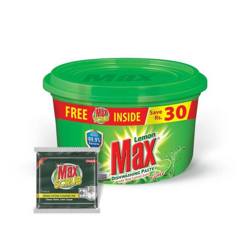Max Lemon Dishwashing Paste Lime, Green, With Real Lemon Juice, Tough On Grease, Soft On Hands, With Glycerin, 750g