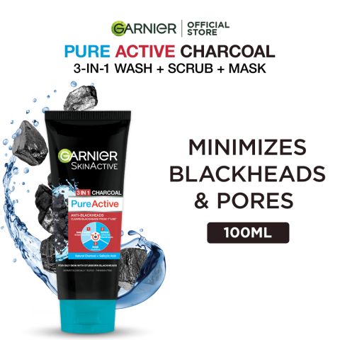 Garnier Skin Active Pure Active Anti-Blackheads 3-in-1 Daily Wash + Scrub + Mask, 100ml