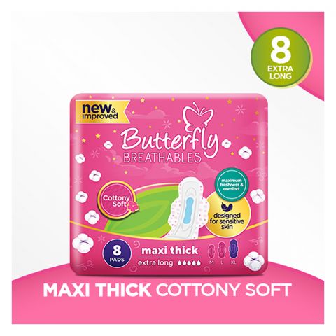 Butterfly Breathables Maxi Thick Pads, Extra Long, 8-Pack