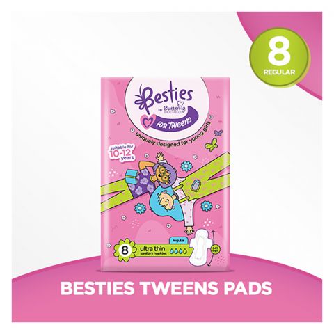 Butterfly Breathables Besties For Tweens Ultra-Thin Sanitary Napkins Regular, Suitable For 10-12 Years, 8-Pack