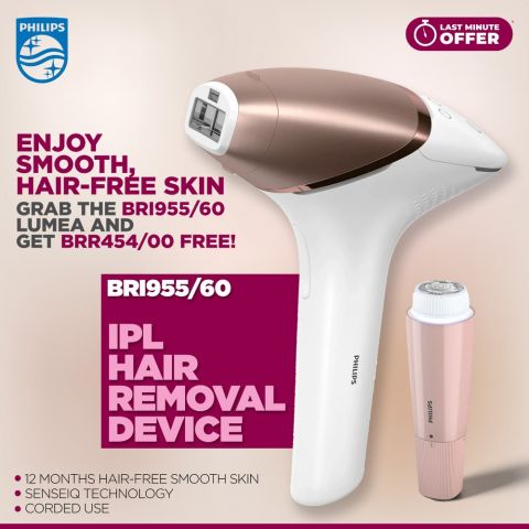 Philips Lumea IPL Hair Removal Device With SenseIQ - BRI955/60 With Free Facial Hair Remover - BRR-454/00