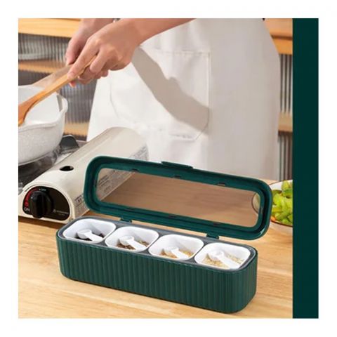 Inaaya Plastic 4 Portions Seasoning Box With Jars & Spoons, Kitchen Spice Master Set, Green, 100652
