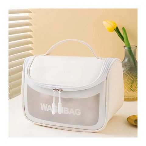 AJF PVC Multi-Functional Waterproof Cosmetic Bag With Hook For Travel, White