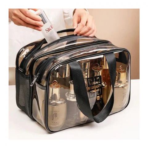 AJF Stylish Dual Zip Clear Waterproof Makeup Bag, Portable Travel Cosmetic Organizer, Black
