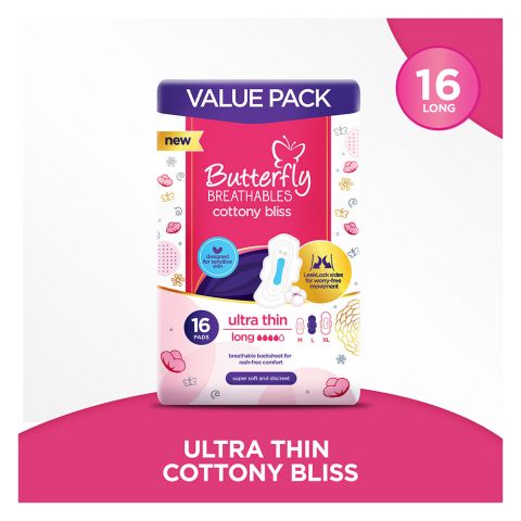 Butterfly Breathable Cottony Bliss Ultra Thin Long Pads Value Pack, 16-Pack