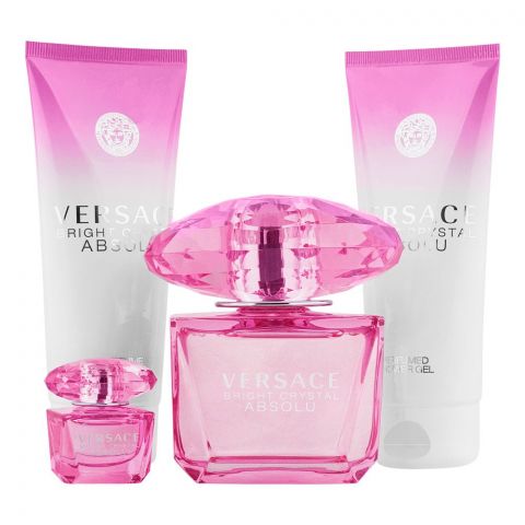 Versace Bright Crystal Absolu Perfume Set For Women, EDP 90ml + EDP 5ml + Shower Gel + Body Lotion