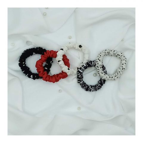 Sandeela Tinies Combo Round Scrunchies, All Black & White + Red, 5-Pack, M01-08-5018
