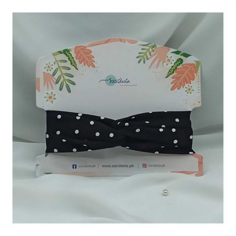 Sandeela Cotton/Linen Crisscross Headband, Black With White Polka Dots, M13-01-1003