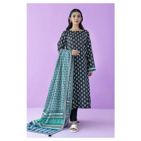 Unstitched 3 Piece Printed Lawn Shirt, Cambric Pant and Lawn Dupatta, Black, 56204