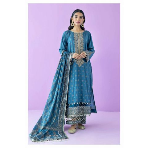 Unstitched 3 Piece Embroidered Lawn Shirt, Cambric Pant and Lawn Dupatta, Blue, 54247