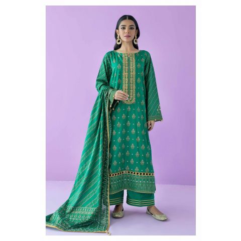 Unstitched 3 Piece Embroidered Lawn Shirt, Cambric Pant and Lawn Dupatta, Green, 54884
