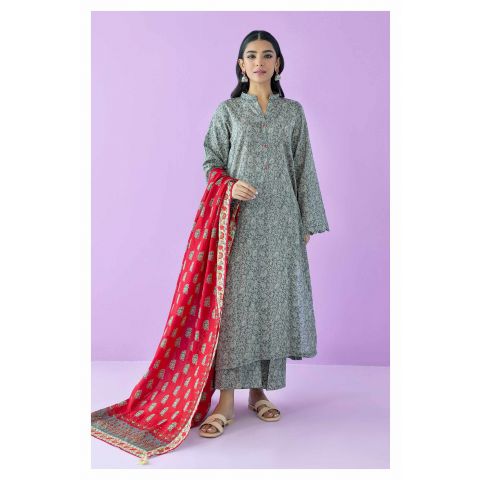 Unstitched 3 Piece Printed Lawn Shirt, Lawn Pant and Lawn Dupatta, Grey, 55555