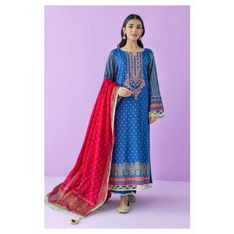 Unstitched 3 Piece Embroidered Lawn Shirt, Cambric Pant and Lawn Dupatta, Blue, 54883