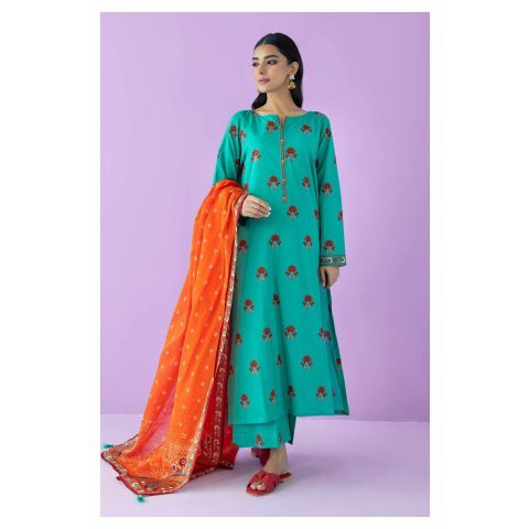 Unstitched 3 Piece Printed Lawn Shirt, Lawn Pant and Lawn Dupatta, Teal, 54891