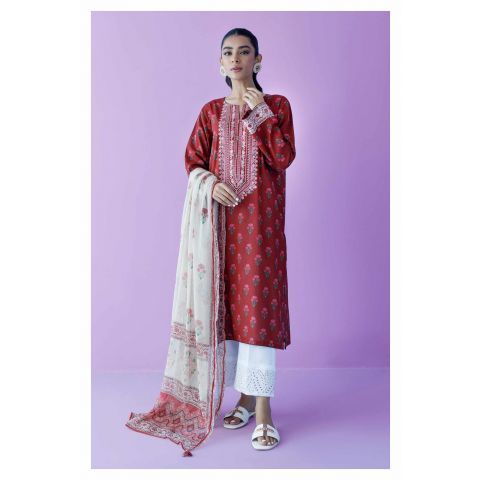 Unstitched 2 Piece Embroidered Lawn Shirt and Chiffon Dupatta, Maroon, 54615