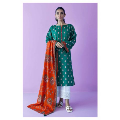 Unstitched 2 Piece Printed Lawn Shirt and Lawn Dupatta, Green, 54597