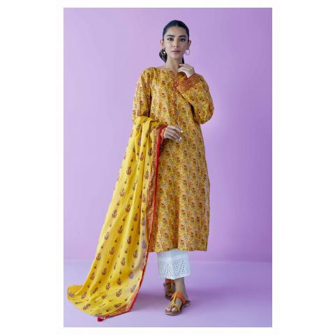 Unstitched 2 Piece Printed Lawn Shirt and Lawn Dupatta, Yellow, 55028