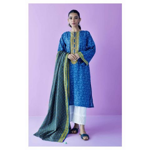 Unstitched 2 Piece Embroidered Lawn Shirt and Lawn Dupatta, Blue, 54596