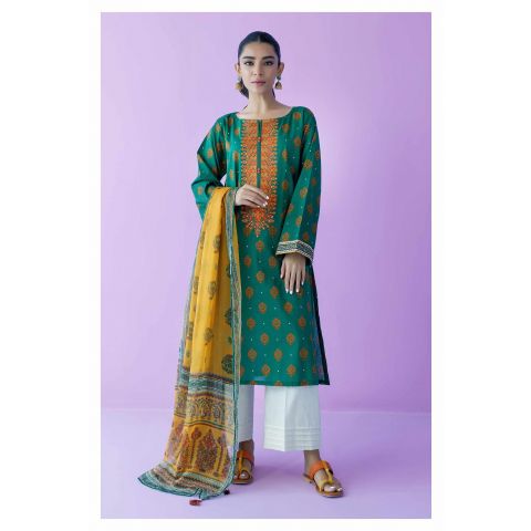 Unstitched 2 Piece Embroidered Lawn Shirt and Chiffon Dupatta, Green, 54494