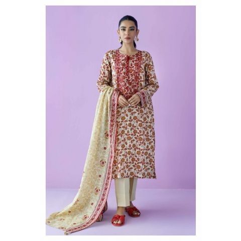 Unstitched 3 Piece Embroidered Lawn Shirt, Cambric Pant and Lawn Dupatta, Beige, 54252