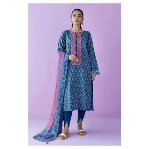 Unstitched 3 Piece Embroidered Lawn Shirt, Cambric Pant and Chiffon Dupatta, Blue, 54857