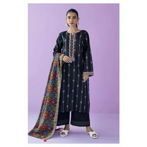 Unstitched 3 Piece Embroidered Lawn Shirt, Cambric Pant and Lawn Dupatta, Black, 54249