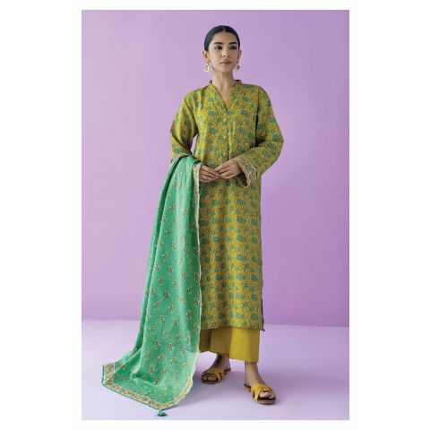 Unstitched 3 Piece Printed Lawn Shirt, Cambric Pant and Lawn Dupatta, Green, 54873