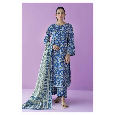 Unstitched 3 Piece Printed Lawn Shirt, Lawn Pant and Lawn Dupatta, Blue, 54887