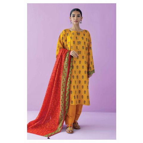 Unstitched 3 Piece Printed Lawn Shirt, Cambric Pant and Lawn Dupatta, Yellow, 54872
