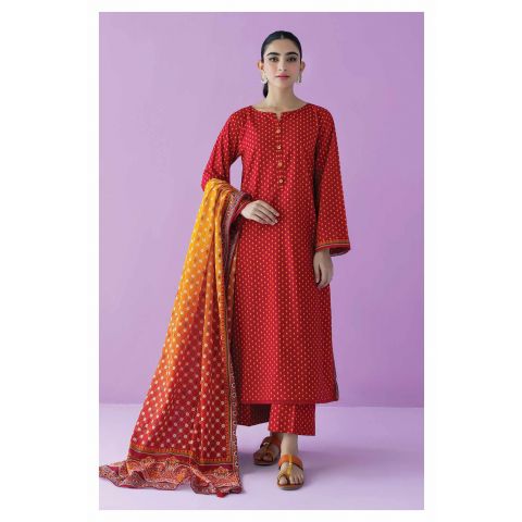 Unstitched 3 Piece Printed Lawn Shirt, Lawn Pant and Lawn Dupatta, Red, 54888