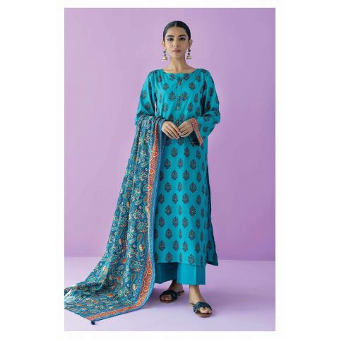 Unstitched 3 Piece Printed Lawn Shirt, Cambric Pant and Lawn Dupatta, Teal, 54861