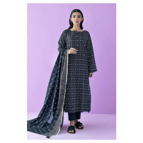 Unstitched 3 Piece Printed Lawn Shirt, Cambric Pant and Lawn Dupatta, Black, 56196