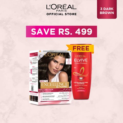 Limited Time Eid Promo, L'Oreal Paris Excellence Hair Colour, Dark Brown, #3, With Free L'Oreal Paris Elvive Color Protect Shampoo, 175ml