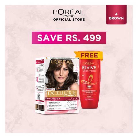 Limited Time Eid Promo, L'Oreal Paris Excellence Hair Colour, Brown #4 , With Free L'Oreal Paris Elvive Color Protect Shampoo, 175ml