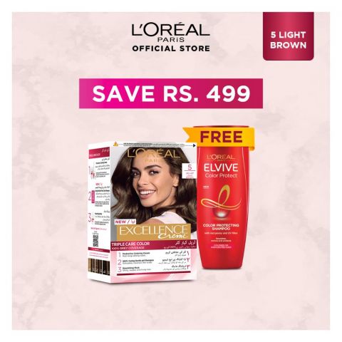 Limited Time Eid Promo, L'Oreal Paris Excellence Hair Colour, Light Brown #5 , With Free L'Oreal Paris Elvive Color Protect Shampoo, 175ml