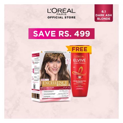 Limited Time Eid Promo, L'Oreal Paris Excellence Hair Colour, Dark Ash Blond #6.1 , With Free L'Oreal Paris Elvive Color Protect Shampoo, 175ml