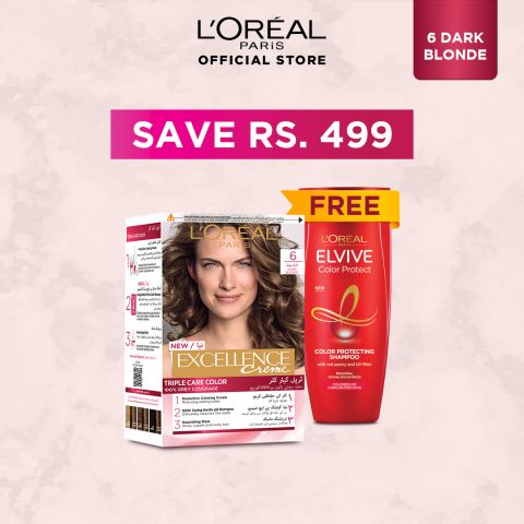 Limited Time Eid Promo, L'Oreal Paris Excellence Hair Colour, Dark Blond #6 , With Free L'Oreal Paris Elvive Color Protect Shampoo, 175ml